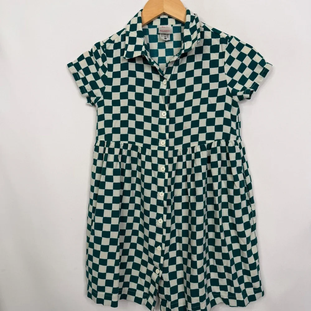 Hanna Andersson Girls Green White Checkered Button Front Dress Pockets 130 US 8
